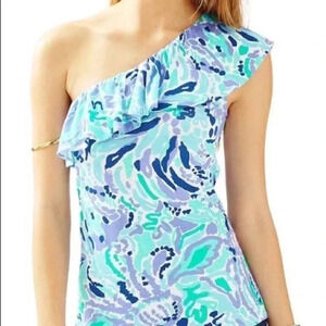 Lilly Pulitzer ruffles blouse one shoulder turquoise purple nice ink print